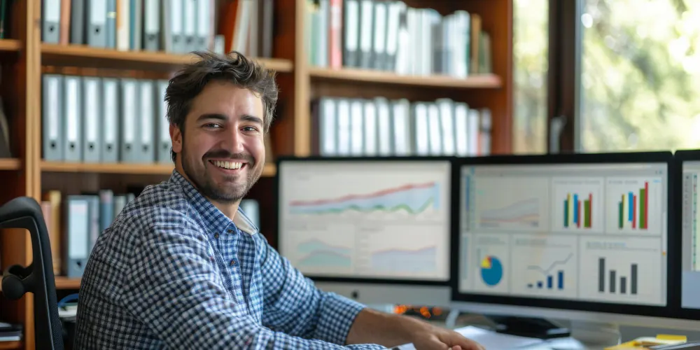 Homem sorridente em escritório com monitores exibindo gráficos financeiros, acompanhando operações de factoring