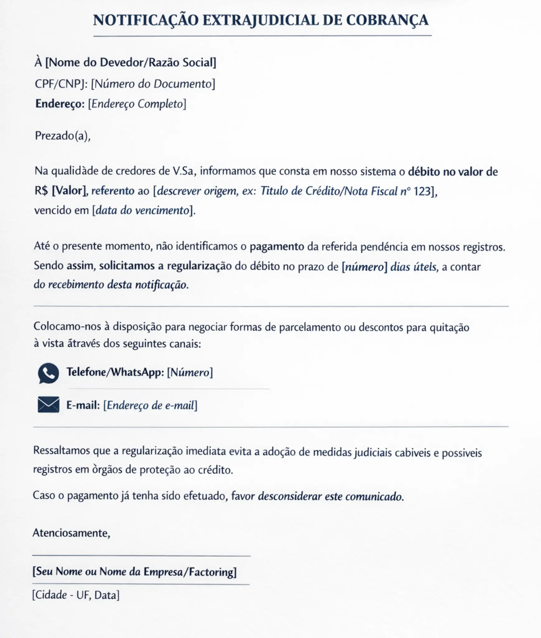Modelo de notificação extrajudicial de cobrança com estrutura formal, dados do devedor, valor do débito e prazo para regularização.
