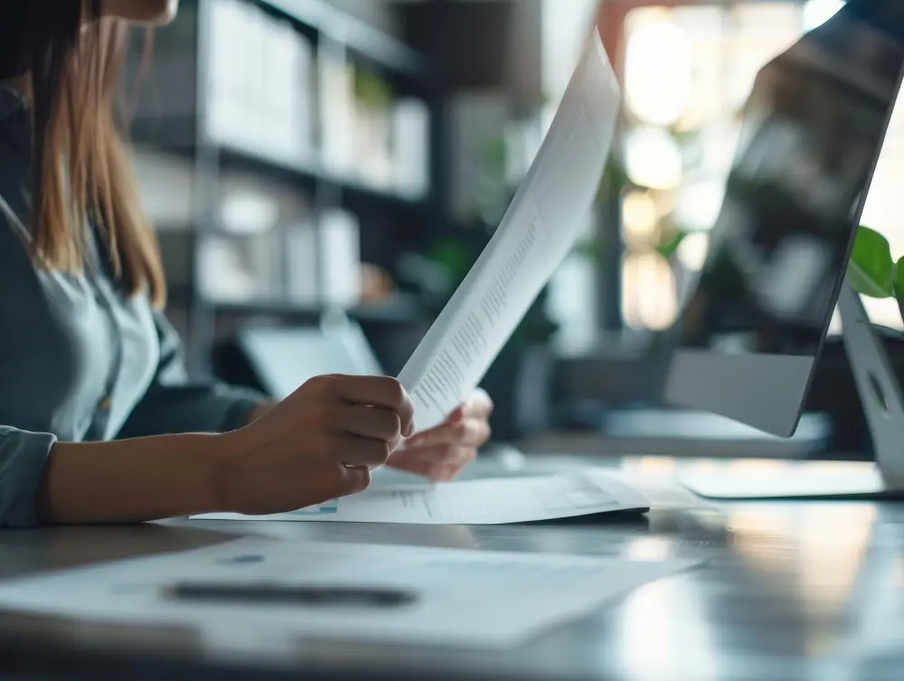 Documentos para abrir uma factoring Mulher revisando documentos no escritório para abrir uma factoring