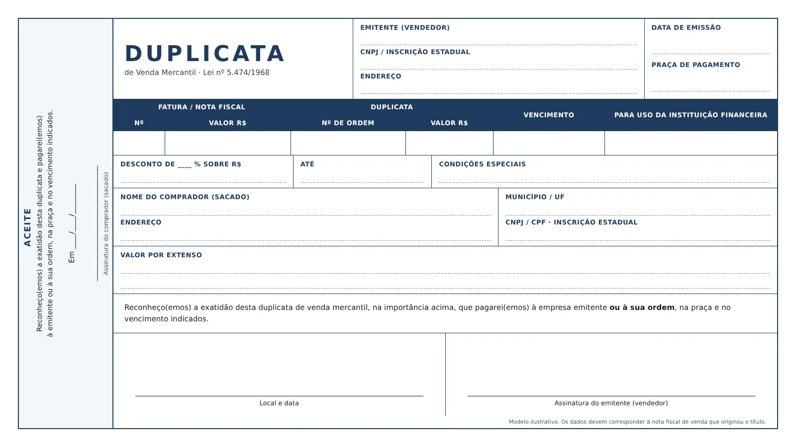 Modelo de duplicata mercantil em branco com campos de emitente, sacado, fatura, vencimento, valor por extenso e aceite