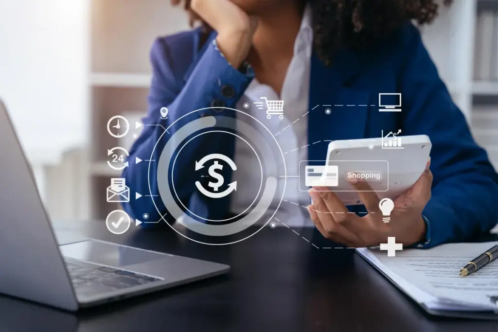 APPESC, plataforma para ESC da Decisão Sistemas Executiva pensativa em mesa de escritório, representando a plataforma APPESC para ESC da Decisão Sistemas